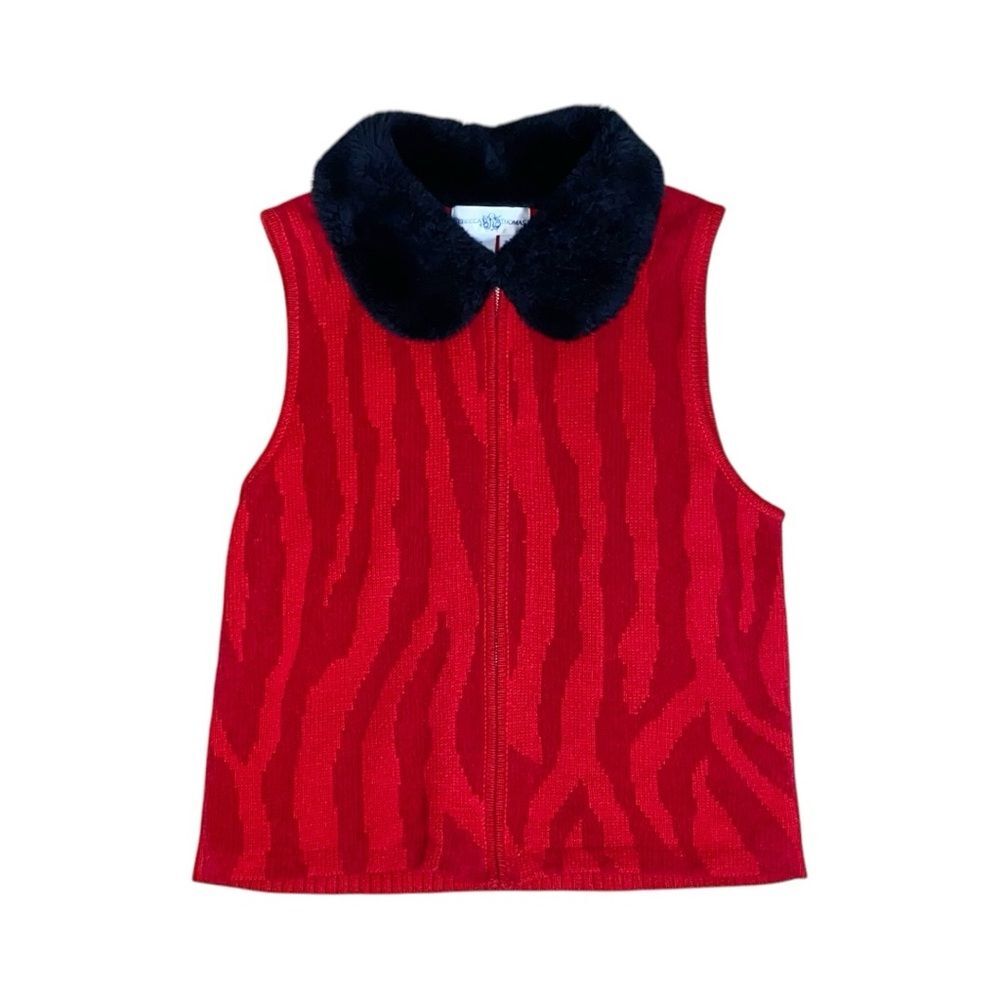 Vintage 90s Y2K Faux Fur Collar Zip Front Zebra Print Red/Black Rib Knit Vest